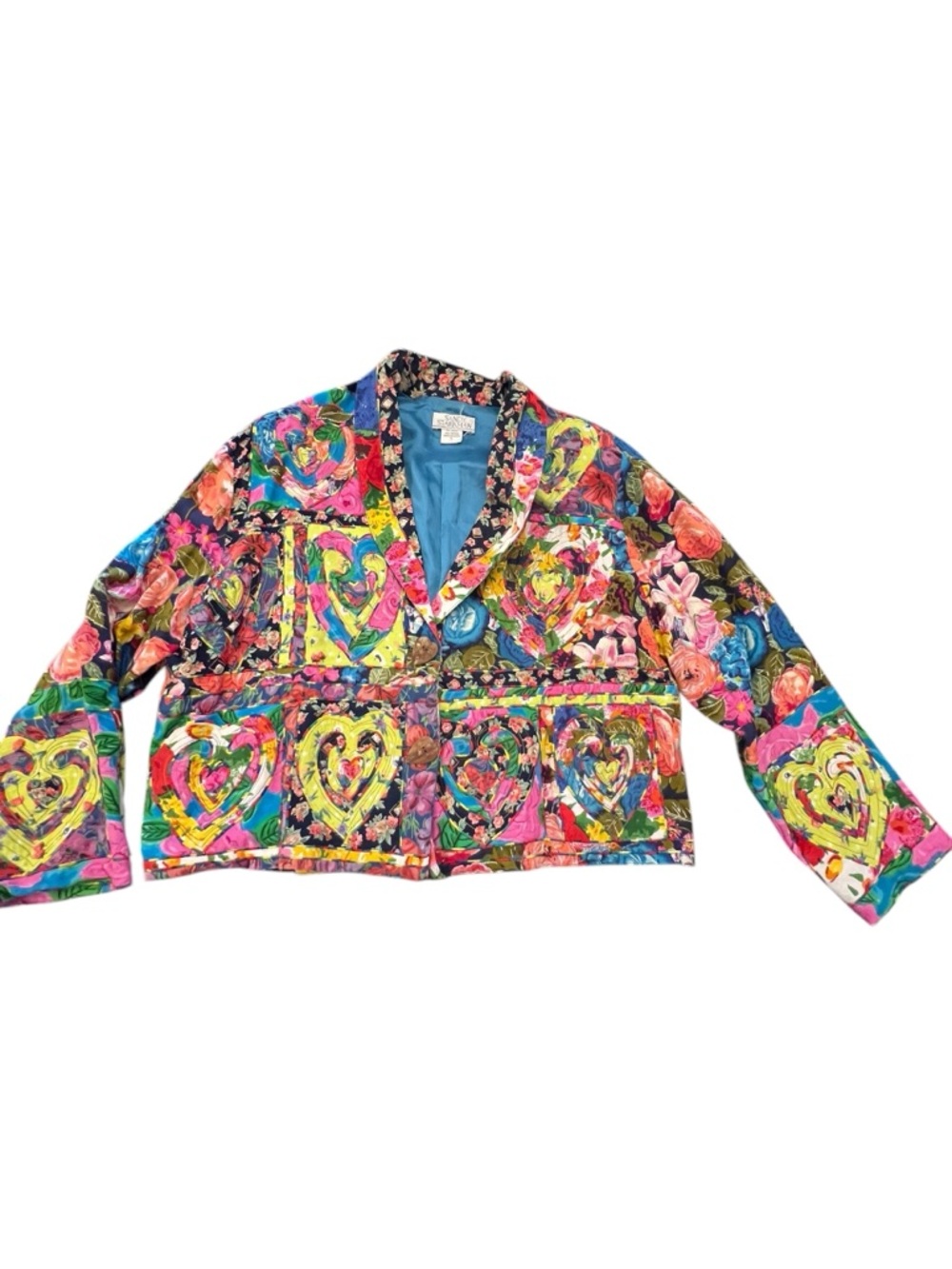 Sandy Starkman Heart Motif Floral Patchwork Jacket Blazer Large 2 Button Granny